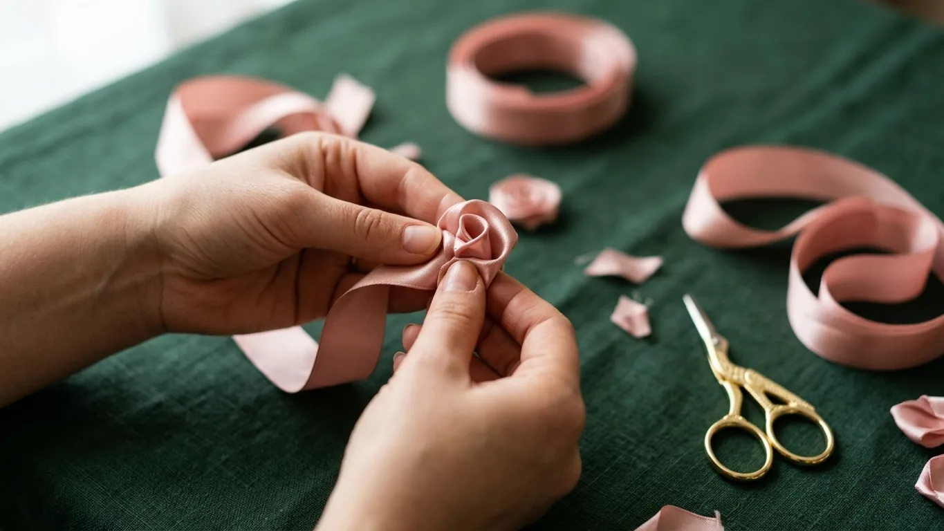 Folding a satin ribbon into a rose petal by hand