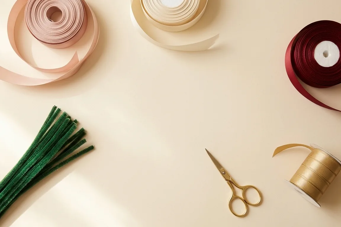 Satin ribbon, pipe cleaners and gold scissors on a work table