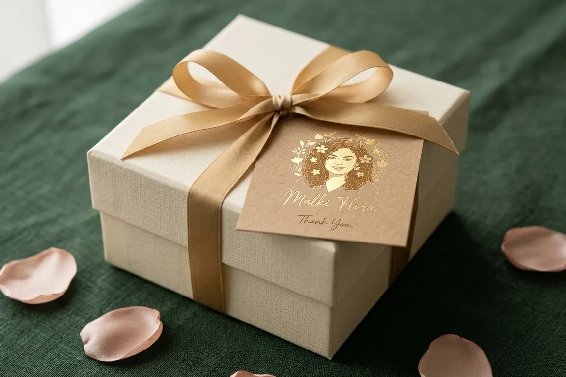 A cream gift box tied with gold ribbon and a thank-you tag