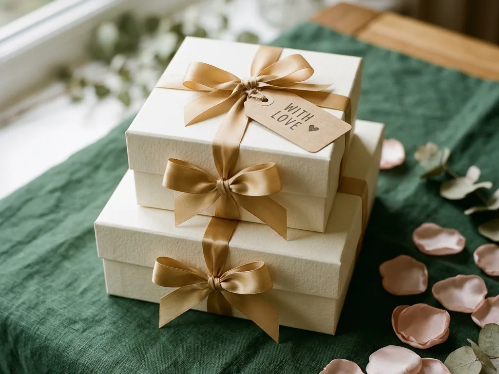 Gift boxes tied with gold ribbon, ready to be sent